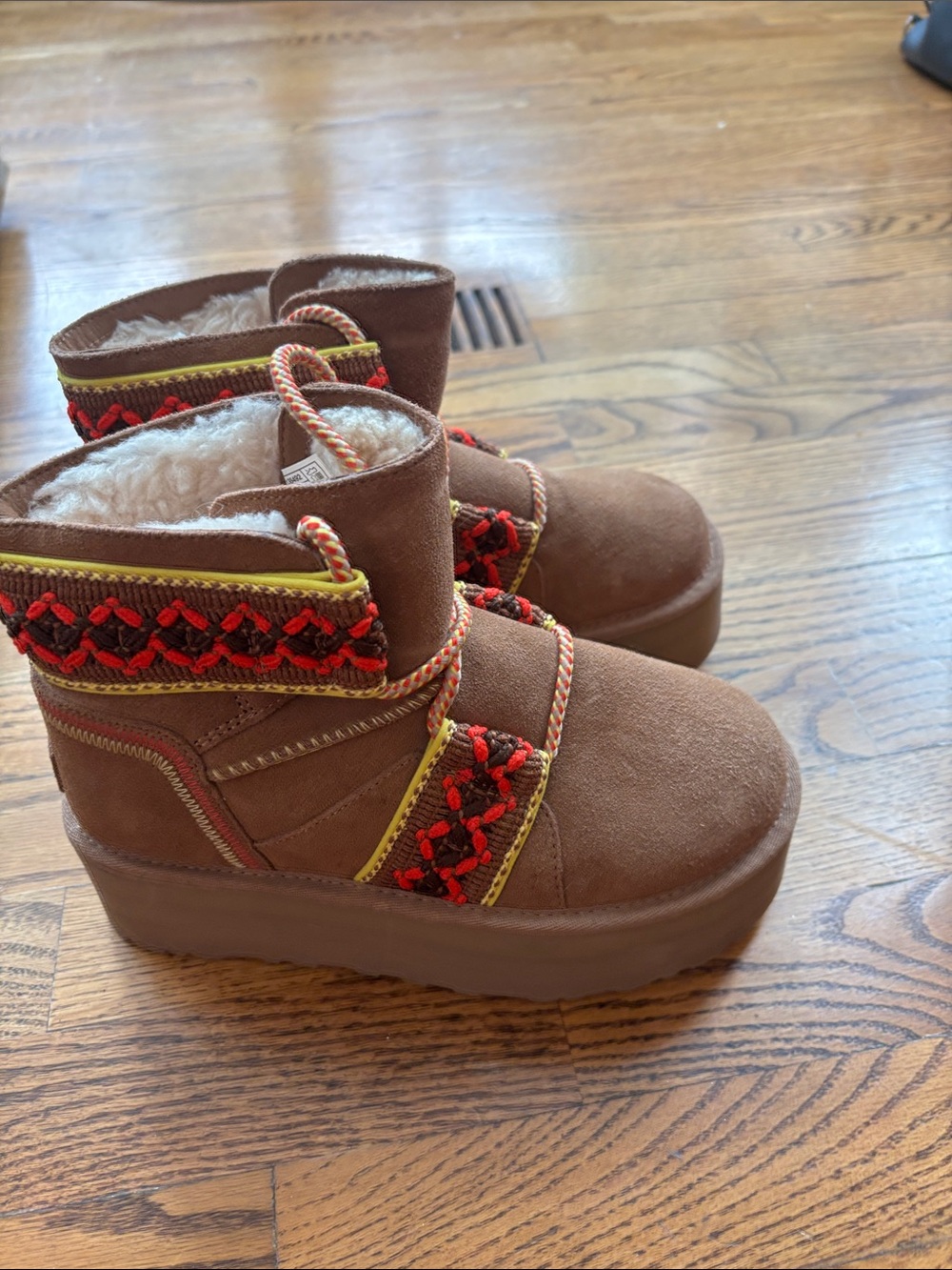UGG Brown Suede Platform Ankle Boots with Red Accent Trim
